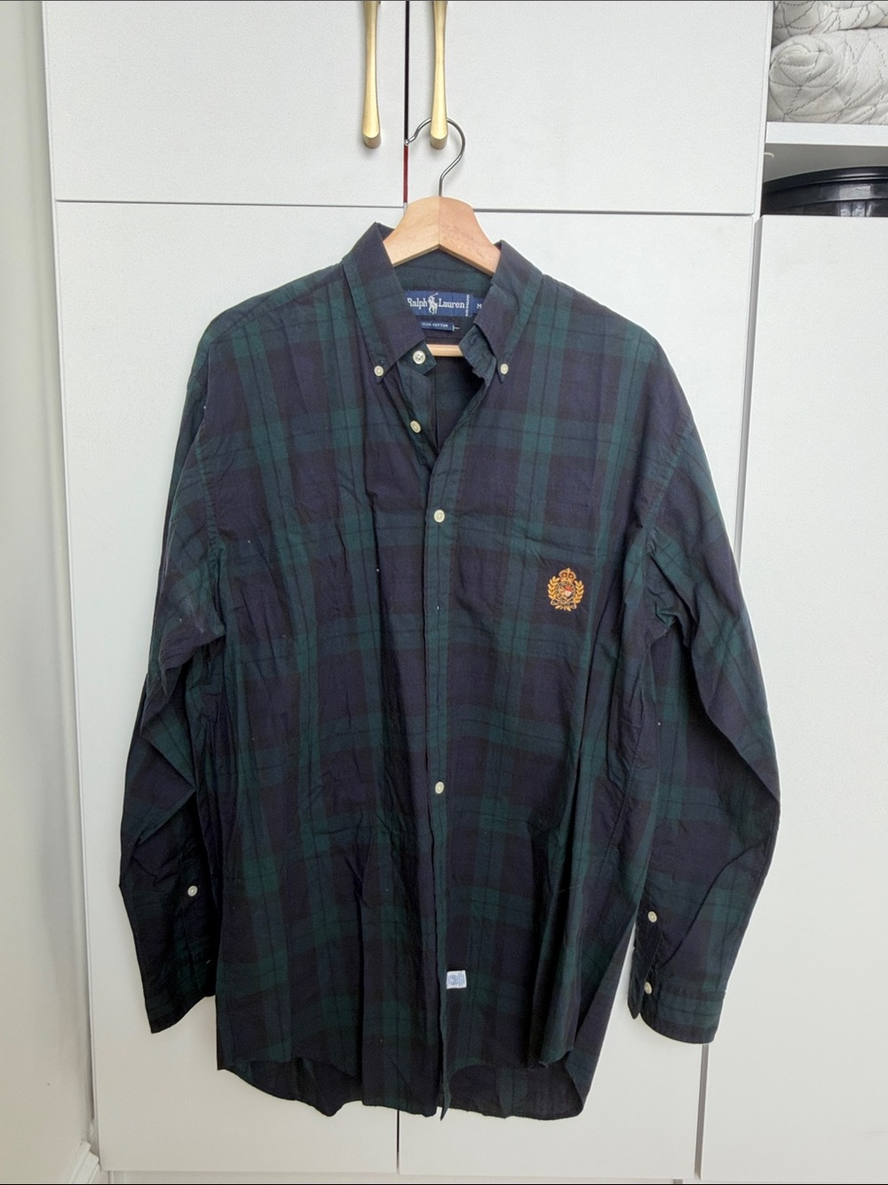 Ralph Lauren Green and Black Plaid Button-Down Shirt with Crest
